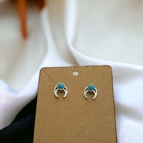 Bohemian Turquoise Stone Silver Stud Earrings - Picture 3 of 5